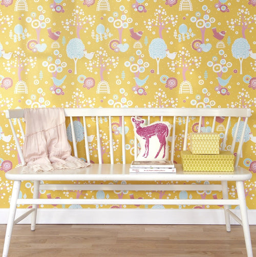 Cherry Valley Wallpaper in Yellow by Majvillan