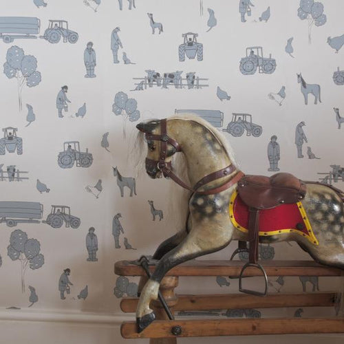 Katie Bourne Cluck a doodle farm - Cream & Blue Kids Wallpaper